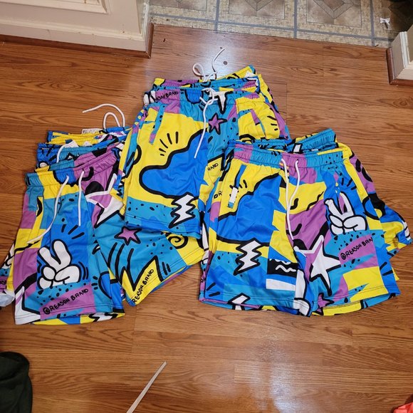 Reason Brand Pop Art Cartoon Comic Shorts Blue teal Aqua Yellow Black Purple RSN - Picture 2 of 8